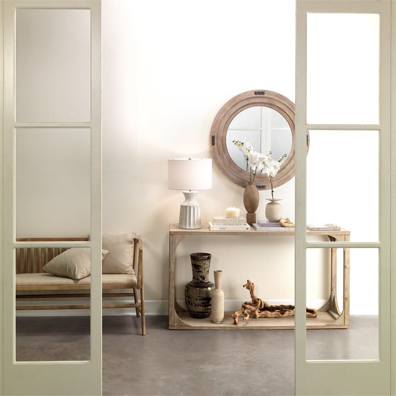 J&D Designs Everett MDF Wood Openwork Console Table in Gray Washed Finish