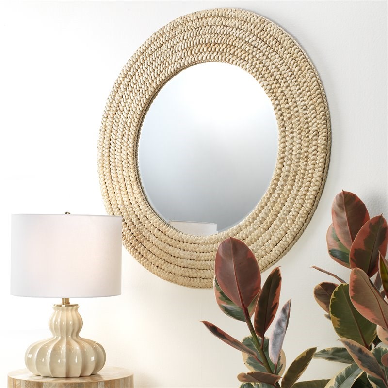 J&D Designs Meadow Coastal Style Seagrass and Fabric Mirror in Brown Finish