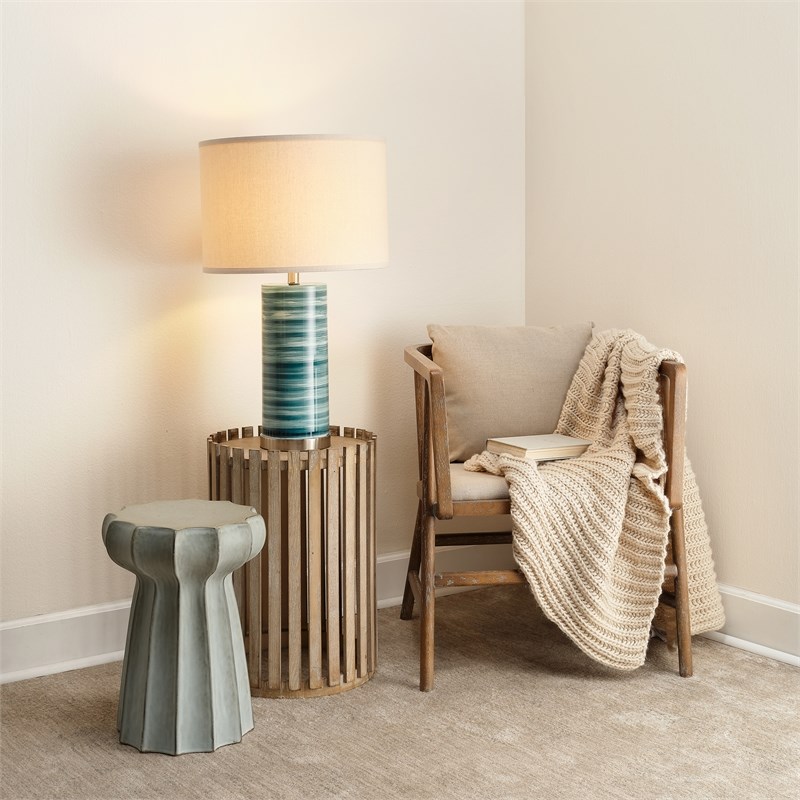 J&D Designs Casey Transitional Glass & Linen Table Lamp in Turquoise/White