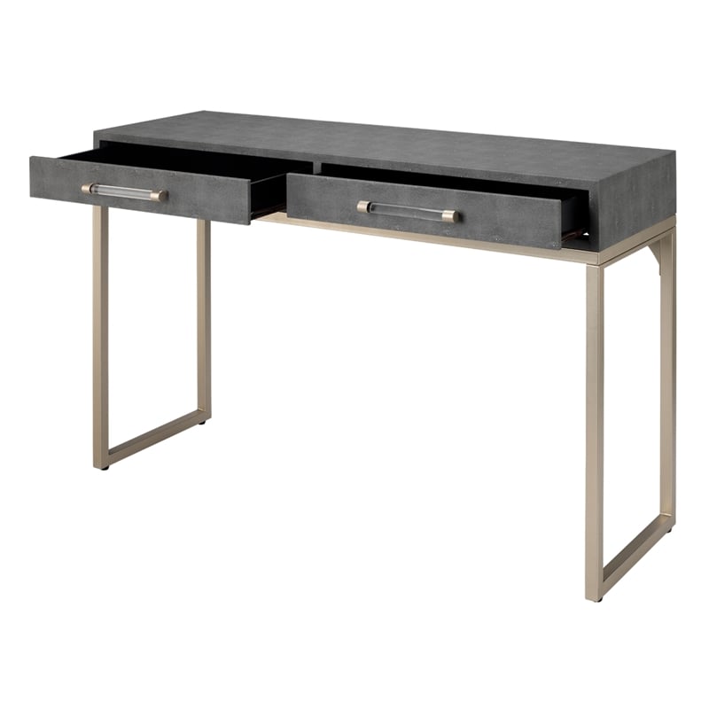 J&D Designs Kain 2-Drawer Faux Leather & Iron Console Table in Gray/Champagne