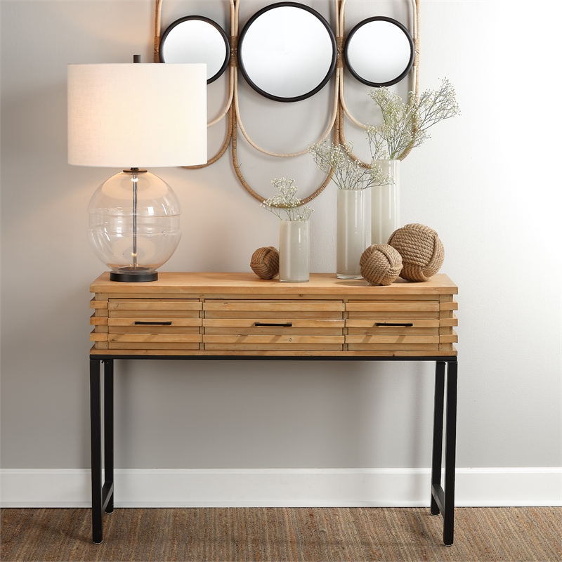 J&D Designs Logan 3-Drawer Transitional Wood & Iron Console Table in Brown/Black