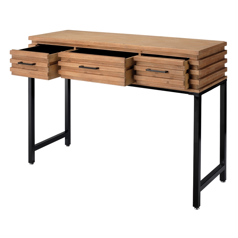 J&D Designs Logan 3-Drawer Transitional Wood & Iron Console Table in Brown/Black