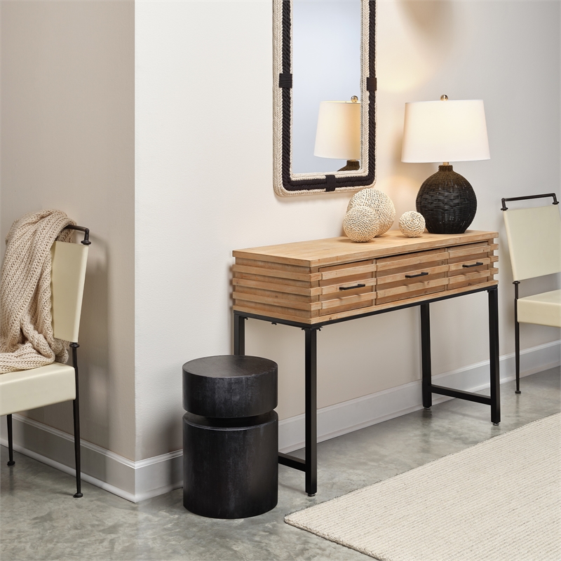 J&D Designs Logan 3-Drawer Transitional Wood & Iron Console Table in Brown/Black