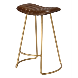 J&D Designs Theo 25.5&quot Transitional Leather & Iron Counter Stool in Brown/Brass