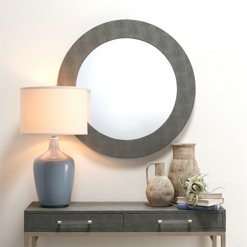J&D Designs Chester Round Transitional Faux Leather & Glass Mirror in Gray