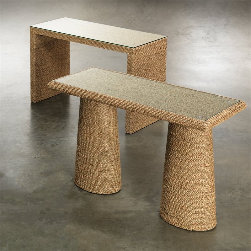 J&D Designs Co Captain Handwoven Coastal Rattan & Glass Console Table in Natural