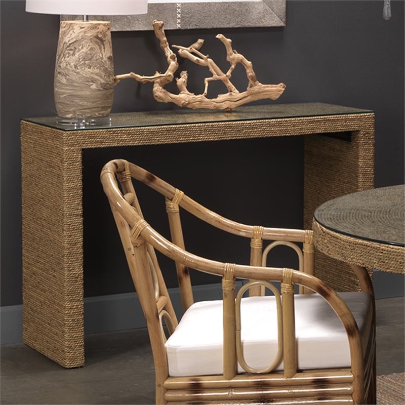 J&D Designs Co Captain Handwoven Coastal Rattan & Glass Console Table in Natural