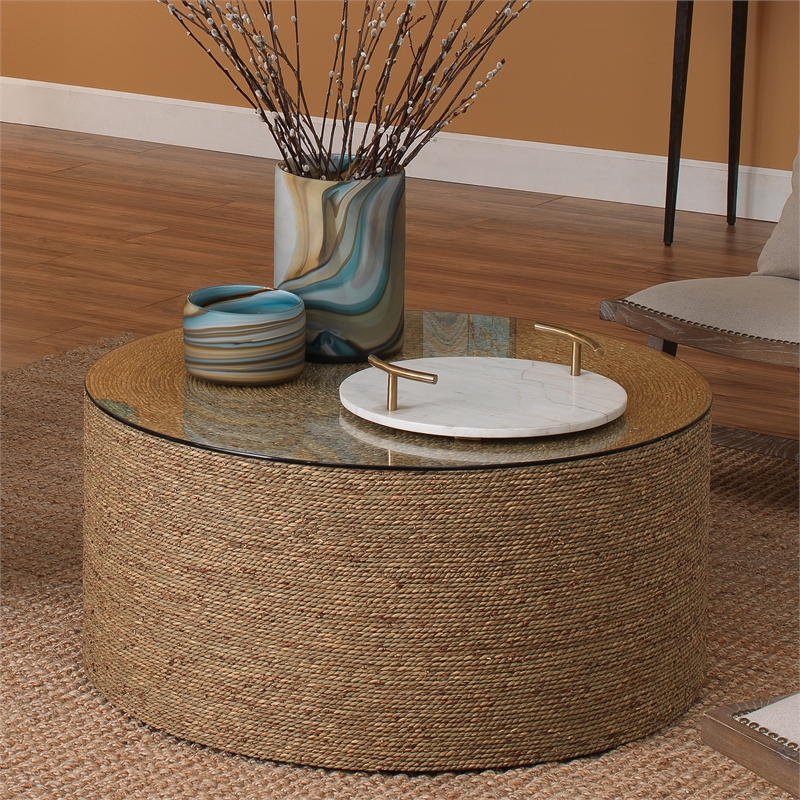 J&D Designs Co Harbor Round Coastal Rattan & Glass Coffee Table in Natural