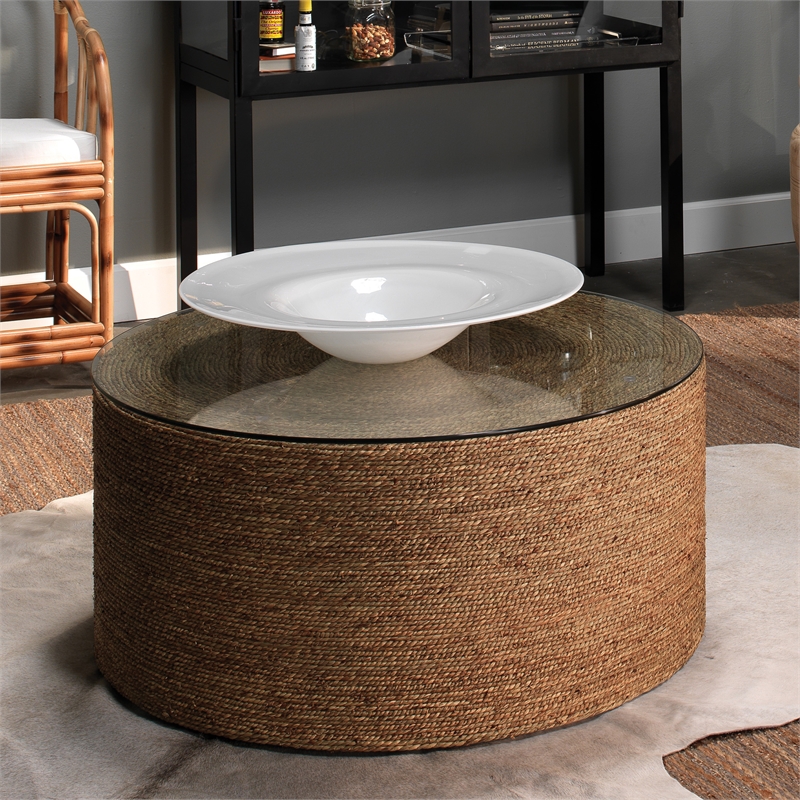 J&D Designs Co Harbor Round Coastal Rattan & Glass Coffee Table in Natural