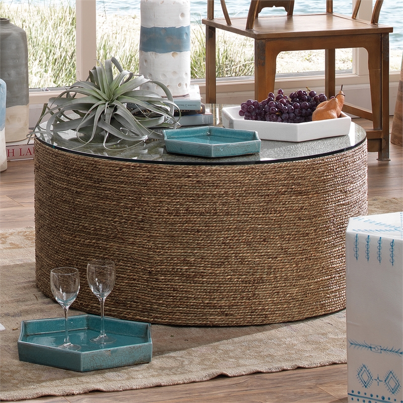 J&D Designs Co Harbor Round Coastal Rattan & Glass Coffee Table in Natural