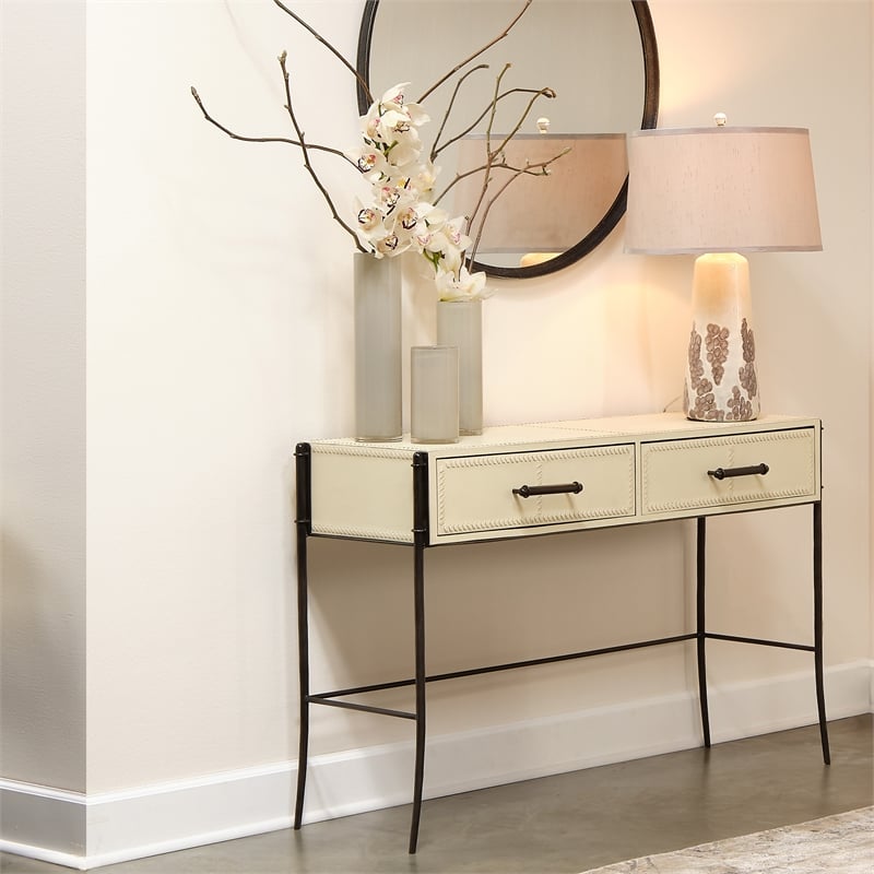 J&D Designs Co Nevado 2-Drawer Leather & Iron Console Table in Off White/Black