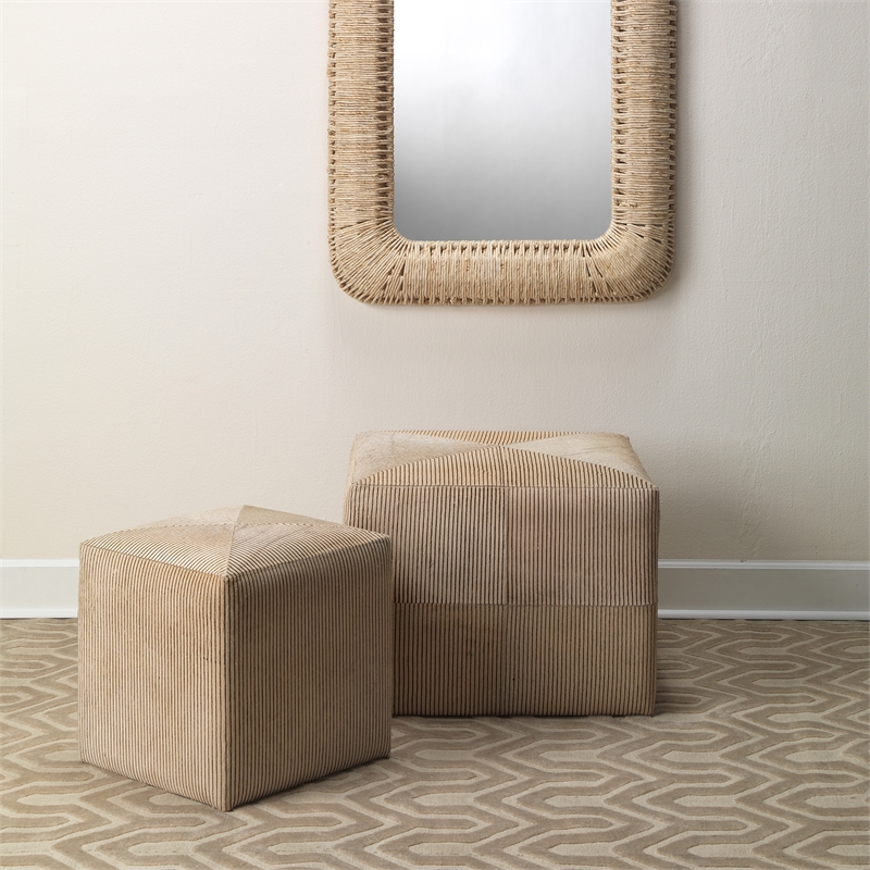 J&D Designs Co Pinstriped Square Modern Hair on Hide Leather Ottoman in Cream