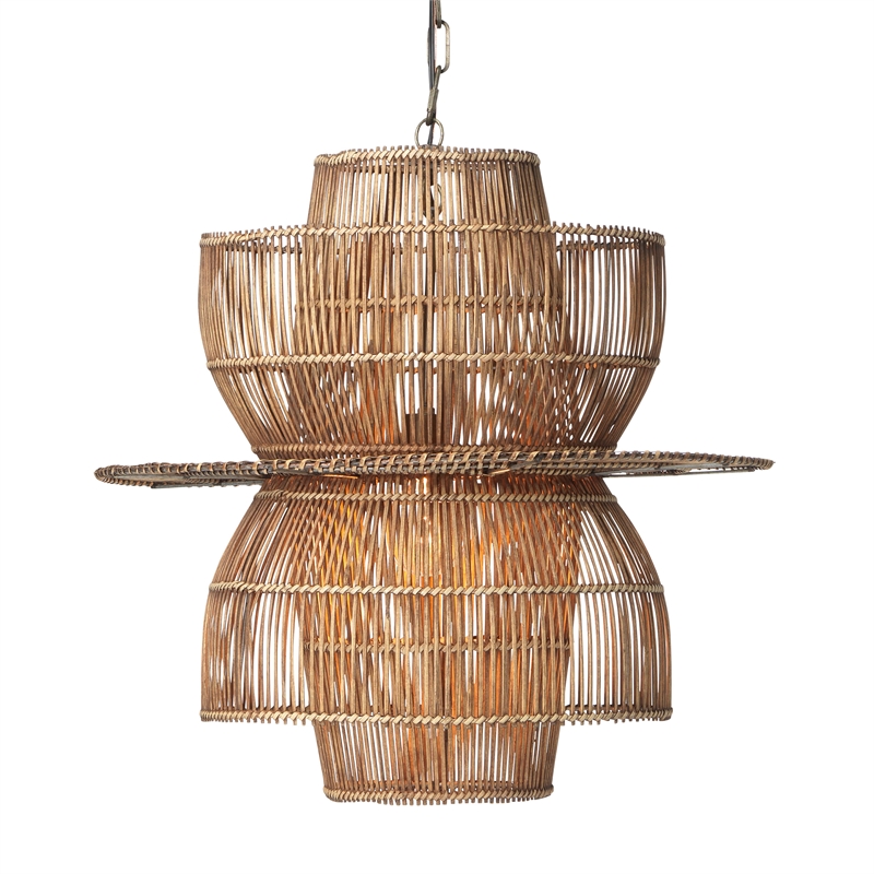 J&D Designs Nazas 1-Light Farmhouse Rattan & Iron Metal Pendant in Antique Brass