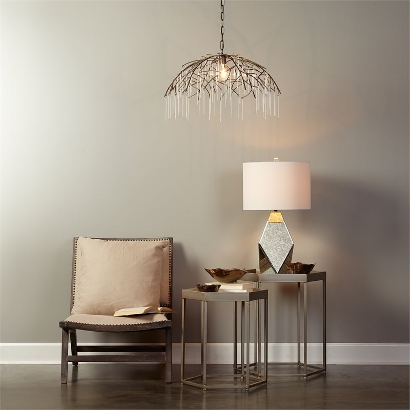 J&D Designs Vine 1-Light Modern Glass & Iron Metal Pendant in Antique Brass