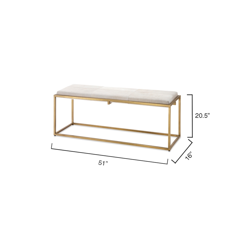 J&D Designs Co Shelby Hide Bench In White Hide and Antique Brass Metal