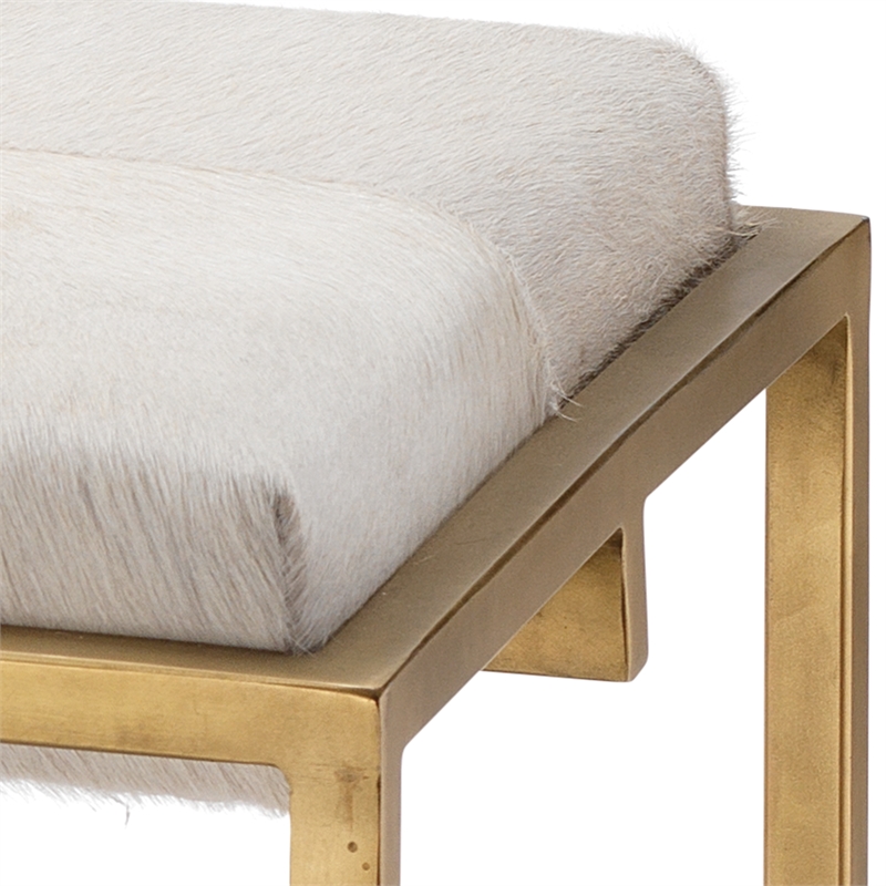 J&D Designs Co Shelby Hide Bench In White Hide and Antique Brass Metal
