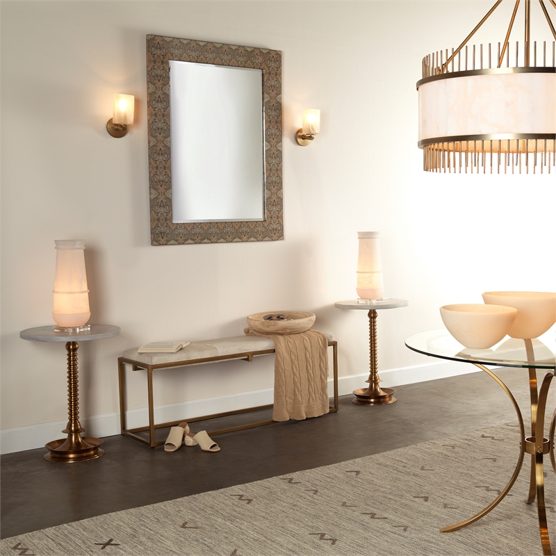 J&D Designs Co Shelby Hide Bench In White Hide and Antique Brass Metal