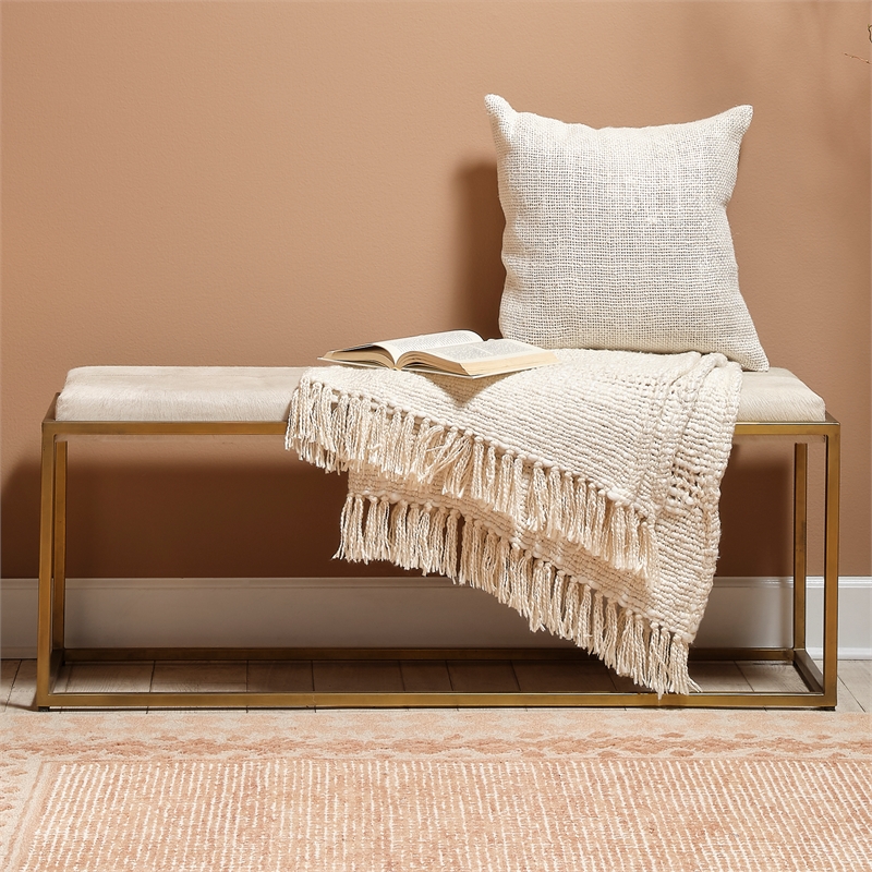 J&D Designs Co Shelby Hide Bench In White Hide and Antique Brass Metal