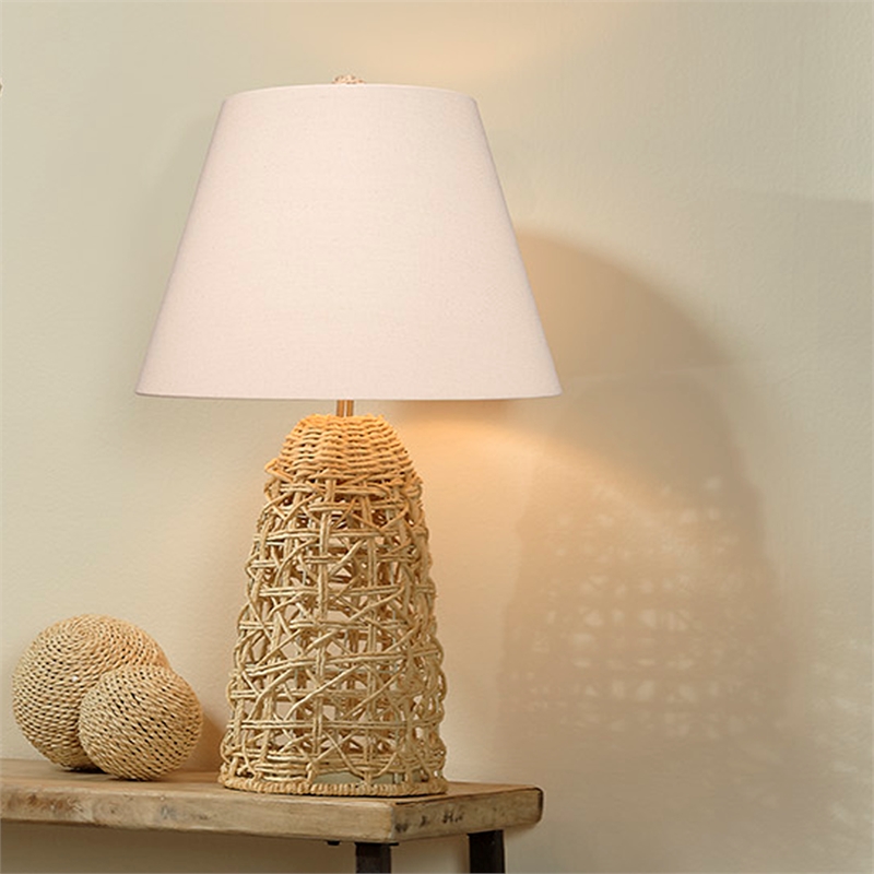 J&D Designs Kauai Rope Table Lamp in Natural Finish w/ Tapered Shade in White Linen