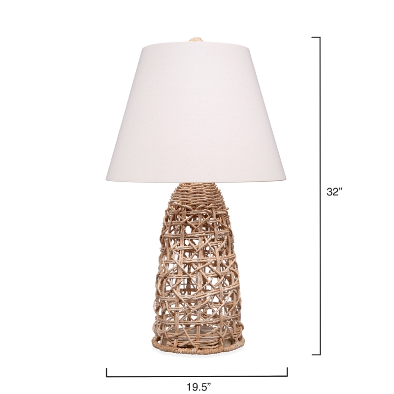 J&D Designs Kauai Rope Table Lamp in Natural Finish w/ Tapered Shade in White Linen
