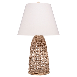 J&D Designs Kauai Rope Table Lamp in Natural Finish w/ Tapered Shade in White Linen