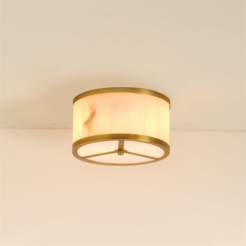 J&D Designs Small Upsala Flush Mount Ceiling Light in White Alabaster in Brass Metal