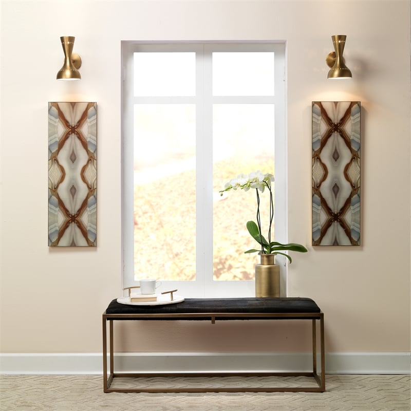 J&D Designs Co Shelby Hide Bench in Brown and Antique Brass Metal