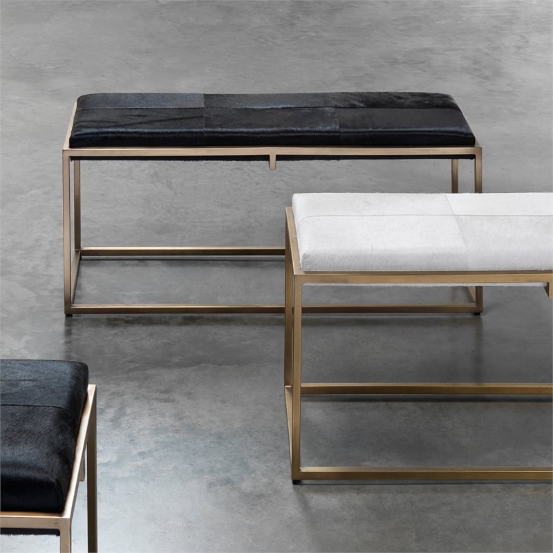 J&D Designs Co Shelby Hide Bench in Brown and Antique Brass Metal