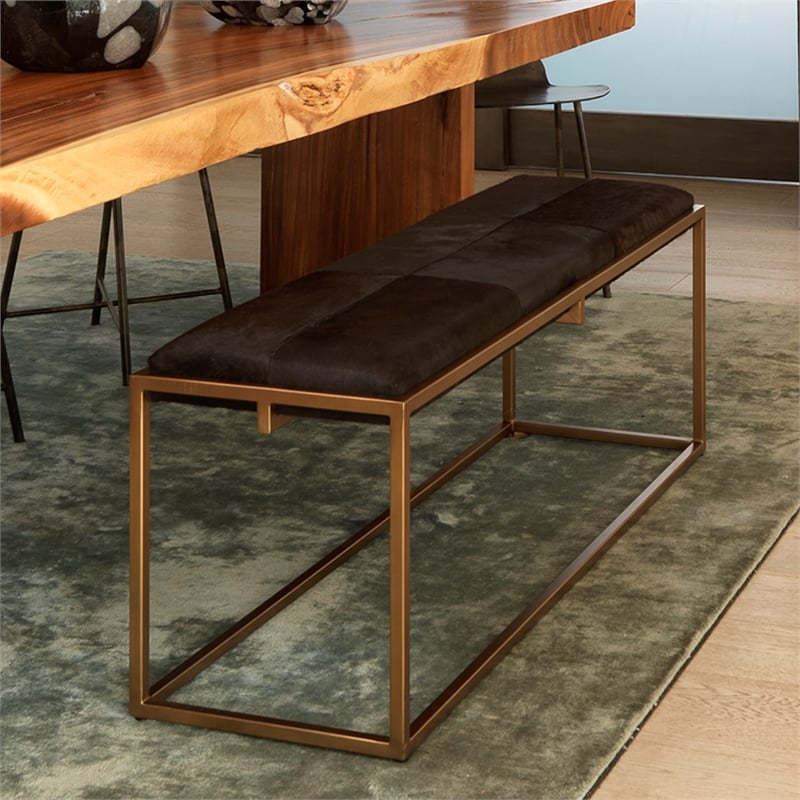 J&D Designs Co Shelby Hide Bench in Brown and Antique Brass Metal