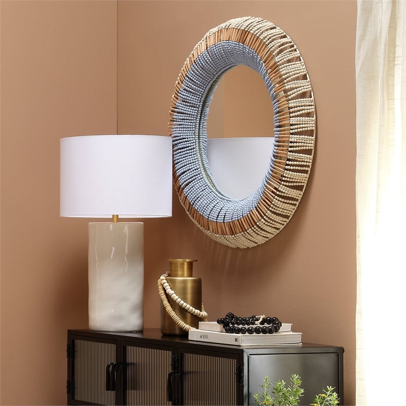 J&D Designs Co Native Beaded Round Mirror in Mango Wood