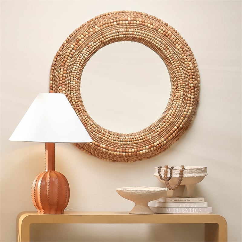 J&D Designs Co Strand Wood Beaded Round Mirror in Natural