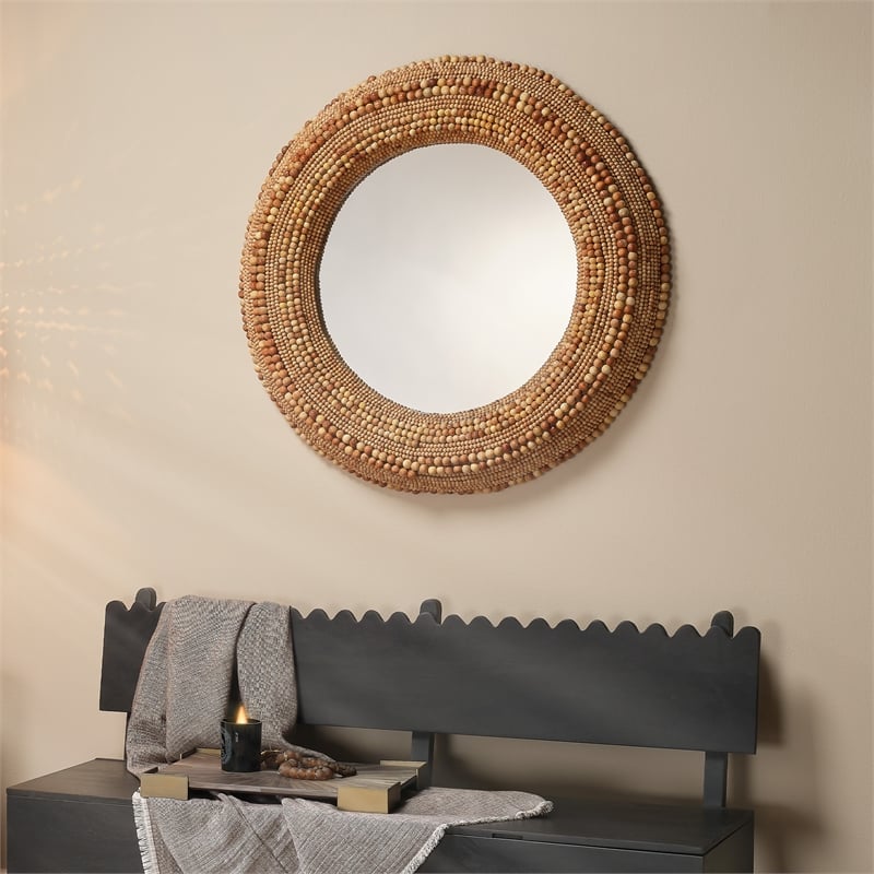 J&D Designs Co Strand Wood Beaded Round Mirror in Natural