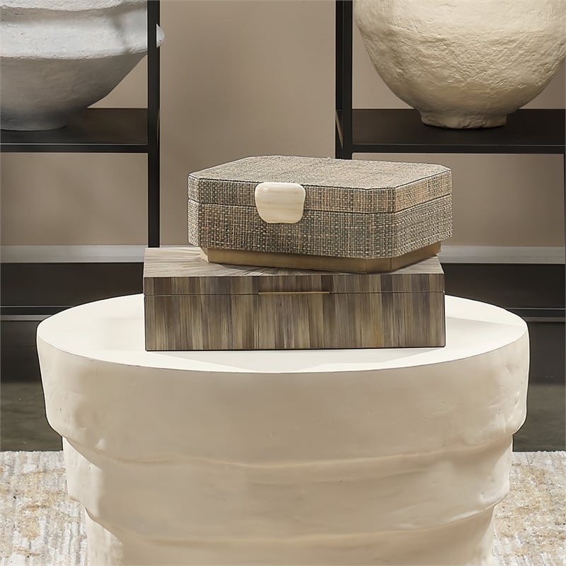 J&D Designs Co Palm Marquetry Decorative Box Gray Engineered  Wood
