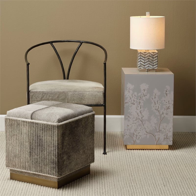 J&D Designs Co Hair on Hide Leather Ottoman Gray