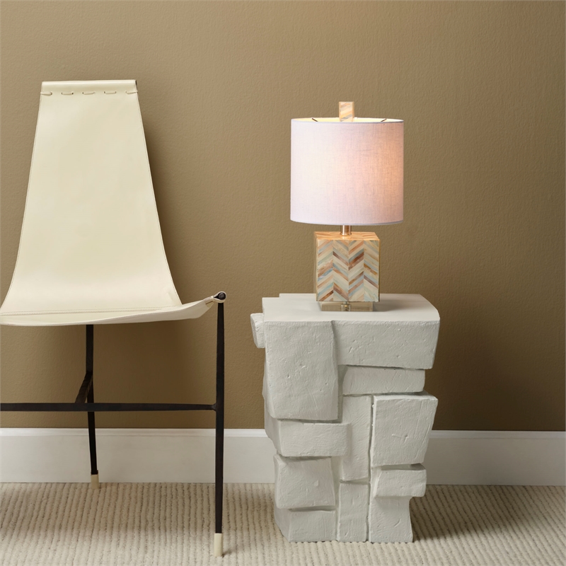 J&D Designs Garbo Mother of Pearl Table Lamp with Linen Shade Blue