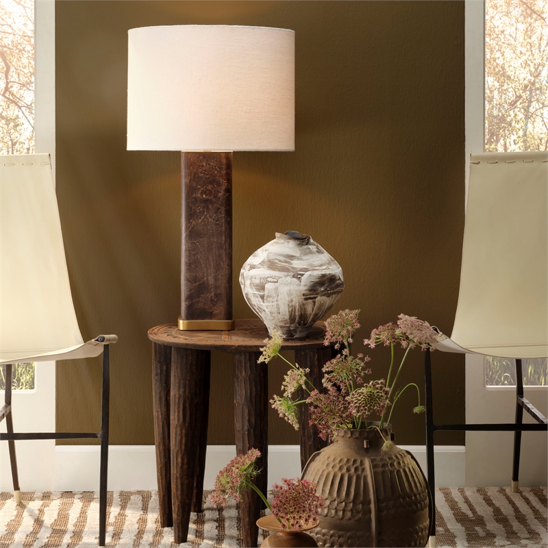 J&D Designs Co Preston Burl Wood Table Lamp in Dark Gray with Linen Shade