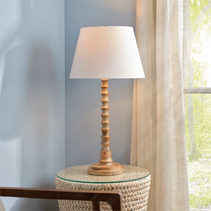 J&D Designs Revolution Wood Table Lamp in Natural with Linen Shade