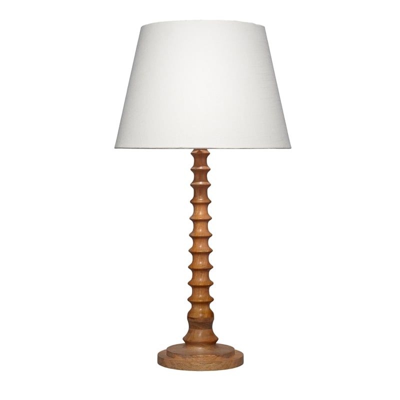 J&D Designs Revolution Wood Table Lamp in Natural with Linen Shade