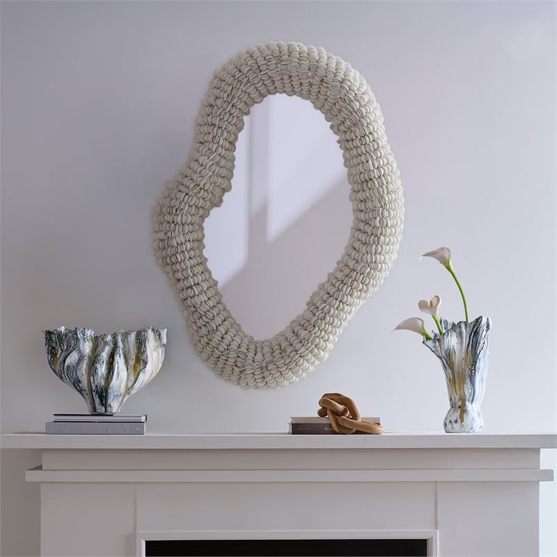 J&D Designs Co Amoeba Wood Beaded Wall Mirror in White