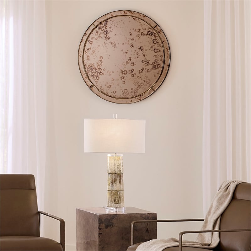 J&D Designs Co Chambord Antiqued Glass Round Wall Mirror Small in Antique Brass
