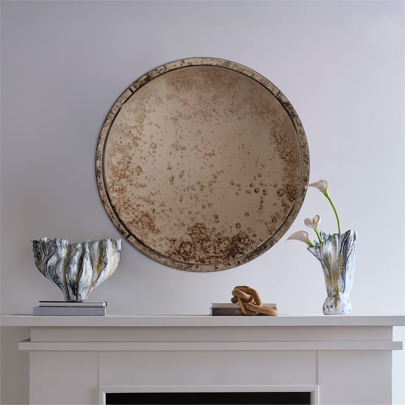 J&D Designs Co Chambord Antiqued Glass Round Wall Mirror Small in Antique Brass