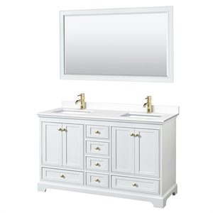 Wyndham Collection Deborah 60&quot Mirror Wood Double Bathroom Vanity in White/Gold