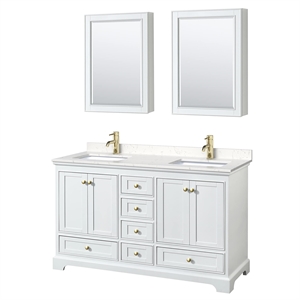 Wyndham Collection Deborah 60&quot Marble Double Bathroom Vanity in White/Brush Gold
