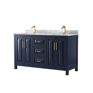 Wyndham Collection Daria 60&quot Marble-Top Wood Double Bathroom Vanity in Blue/Gold
