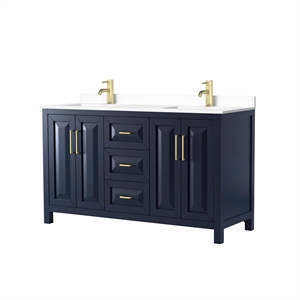 Wyndham Collection Daria 60&quot Wood Double Bathroom Vanity in Dark Blue/Gold