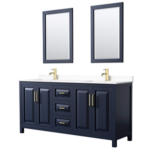 Wyndham Collection Daria 72&quot Wood & Marble Double Bathroom Vanity in Blue/Gold
