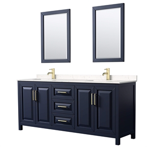 Wyndham Collection Daria 80&quot Light-Vein Wood Double Bathroom Vanity in Blue/Gold