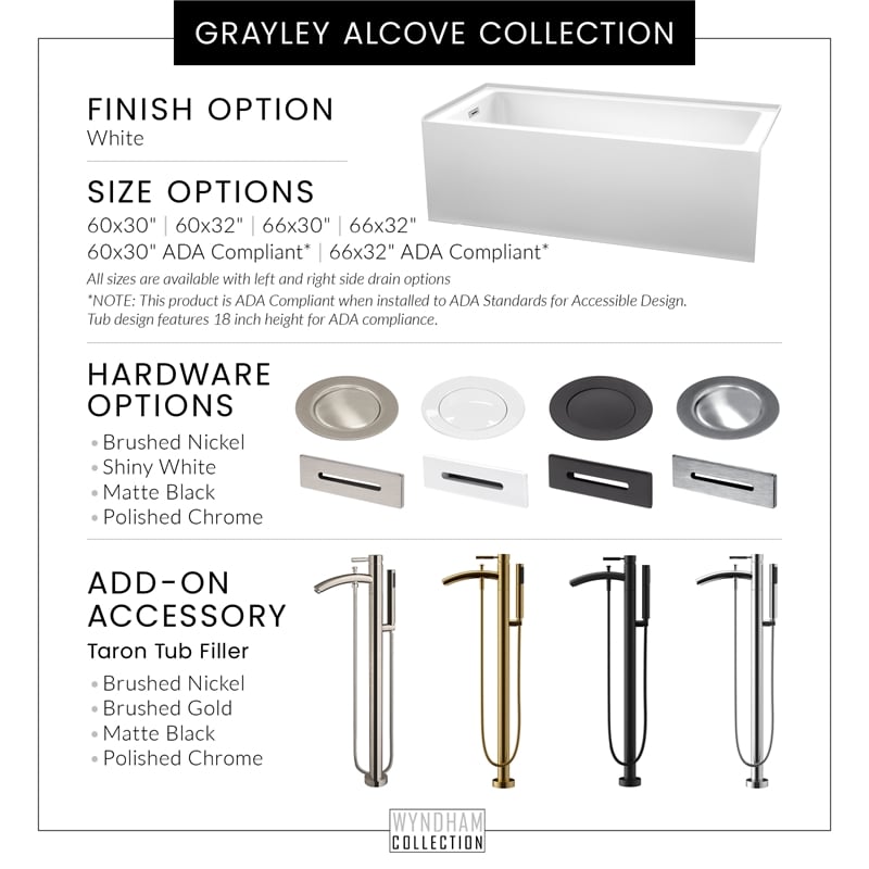 Grayley 60x32x18 Inch Alcove Bathtub with Left-Hand Drain & Trim in Shiny White
