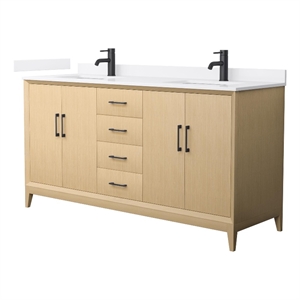 Janna 66&quot White Oak Double Vanity & White Quartz Top (1-Hole) & Black Trim