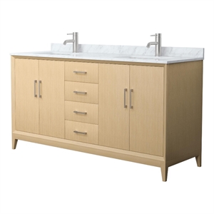 Janna 66&quot White Oak Double Vanity & White Carrara Marble Top & Nickel Trim